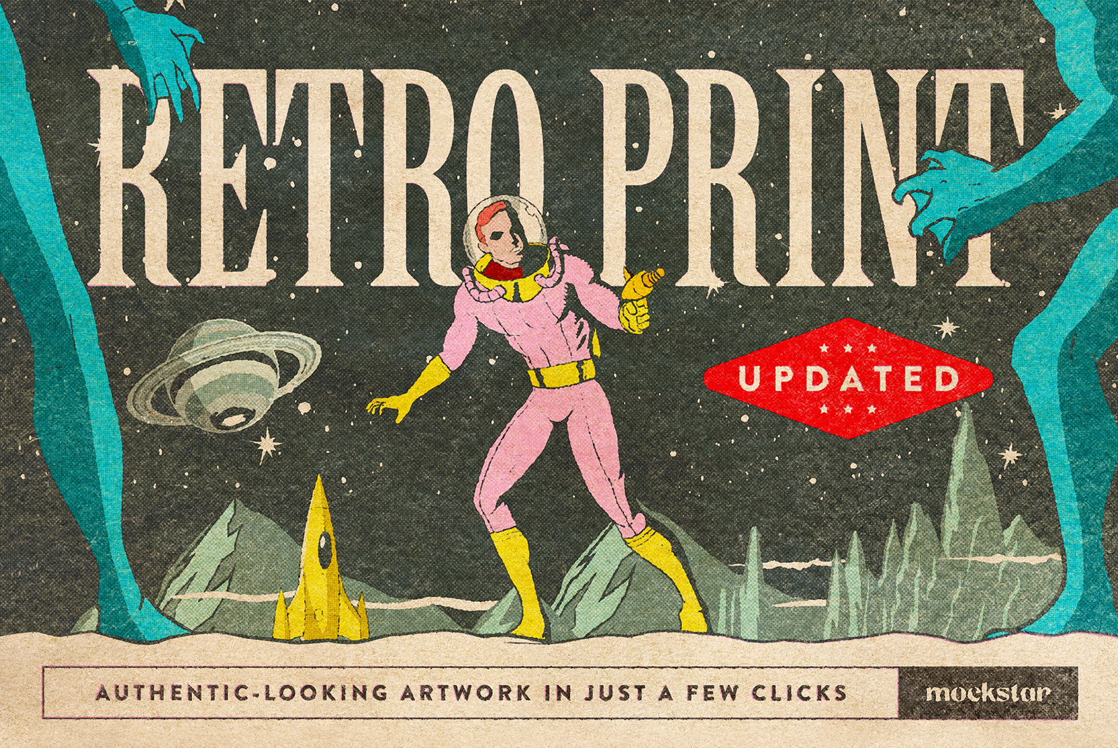 Vintage space-themed graphic template with astronaut and alien, textured retro print effect, ideal for posters and t-shirts.